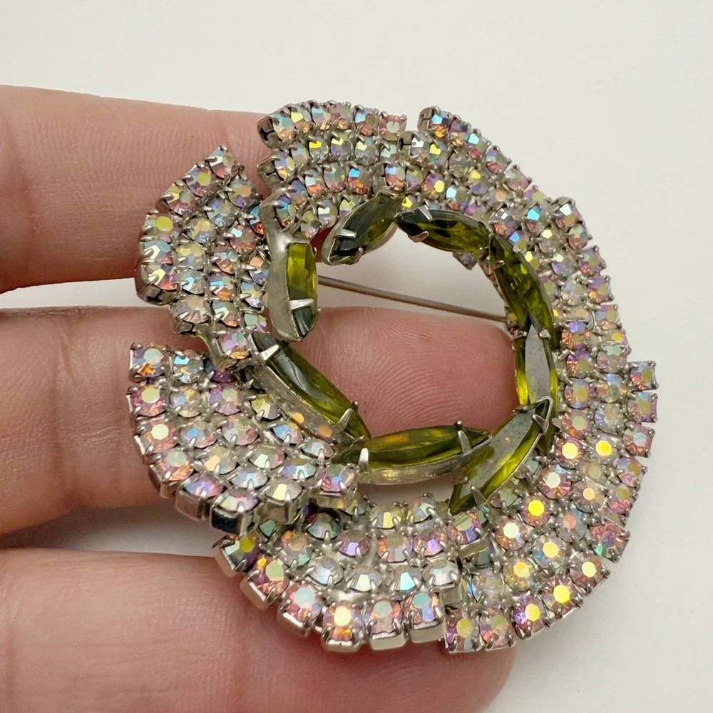 Vintage AB Green Glass Rhinestone Layered Tiered Round Wreathe Pin Brooch